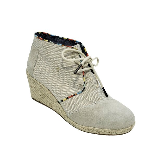 Toms Womens Beige Wedge Ankle Booties With Suede Trim & Lace-Up Closure Size‎ 8 - Picture 1 of 10